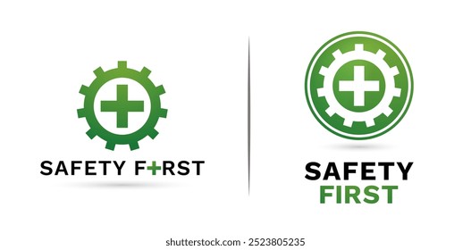 two models concepts Safety first icon Gear and plus signs green colors isolated on white backgrounds for label products company or corporate, User interface design, collages, decks and layout template