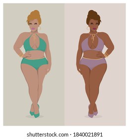 Two models wearing bikini swimsuit, different skin tones, dark and light, posing, hand on waist.