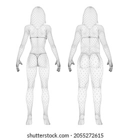 Two models of a wireframe girl in underwear, a slim and fat girl. The process of obesity of the girl body. Back view. 3D. Vector illustration