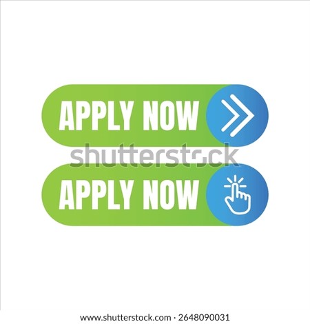 Two modern apply now buttons with green to blue gradient and white text one with a click icon and the other with double arrows