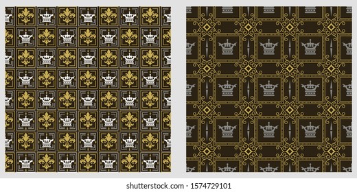 Two modern background patterns in royal style. Seamless vector backgrounds. Set of patterns. Colors on image: black, silver, gold, white. Exquisite graphic design.  Vector graphics.