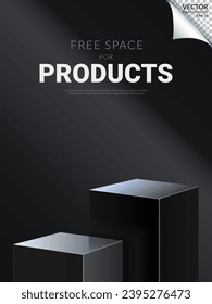 Two modern black color podium minimal free space for products on black background. Vector Illustration
