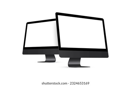 Two Modern Black Desktop PC With Perspective Side Views, Isolated on White Background. Vector Illustration