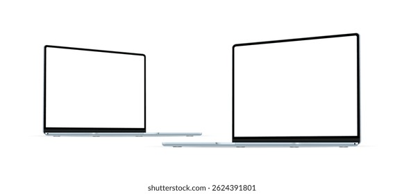 Two Modern Blue Laptops Mockups, Blank Screens, Side Perspective View, Isolated on White Background. Vector Illustration