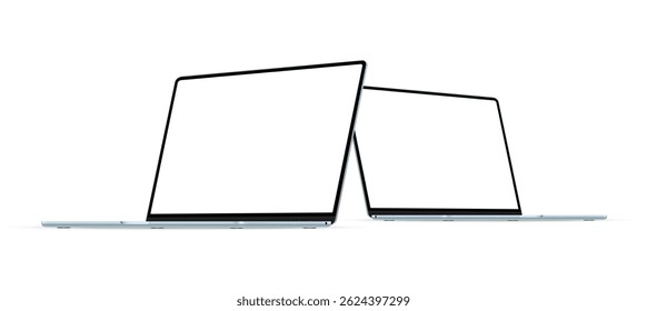 Two Modern Blue Laptops Mockups with Blank Screens, Side Perspective View, Isolated on White Background. Vector Illustration