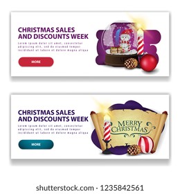 Two modern, bright Christmas banners with buttons, snow globe and Christmas parchment