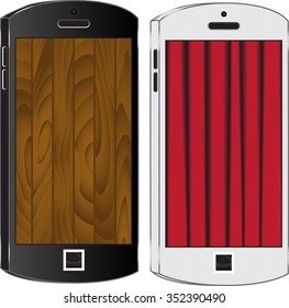 Two modern cell phone on a white background. Mobile phone. Smartphone. Blank screen. Curtain and wooden background on the smartphone screen.