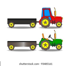 Two modern colored tractors pulling the trailers isolated in white, vector illustration.