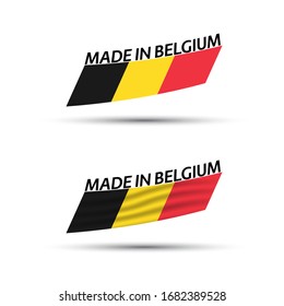 Two modern colored vector flags with Belgian tricolor isolated on white background, flags of Belgium, Belgian ribbons, Made in Belgium