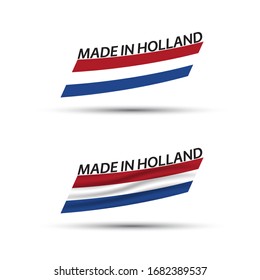 Two modern colored vector flags with Dutch tricolor isolated on white background, flags of the Netherlands, Dutch ribbons, Made in Holland