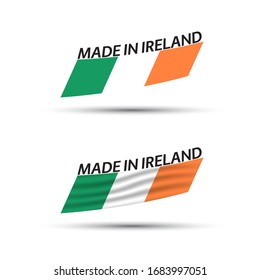 Two modern colored vector flags with Irish tricolor isolated on white background, flags of Ireland, Irish ribbons, Made in Ireland