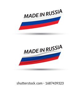 Two modern colored vector flags with Russian tricolor isolated on white background, flags of Russia, Russian ribbons, Made in Russia