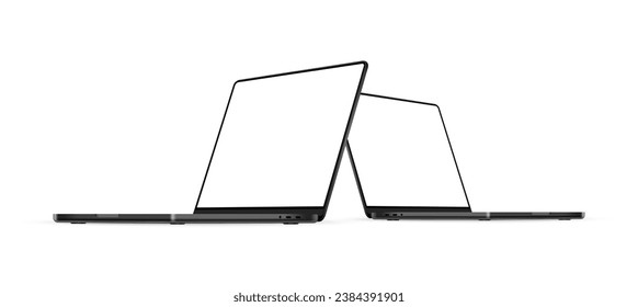 Two Modern Dark Laptops Mockups With Blank Screens Isolated On White Background, Perspective Side View. Vector Illustration