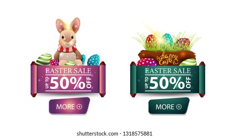 Two modern Easter sale banners with buttons, Easter bunny and Easter eggs