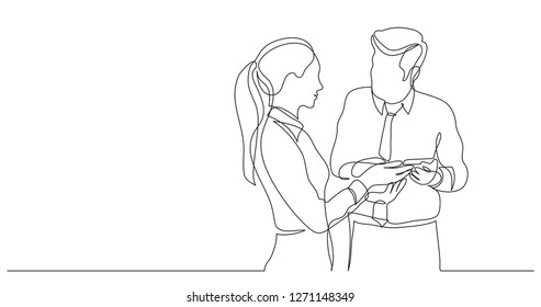 two modern employees talking about smart phone app - one line drawing