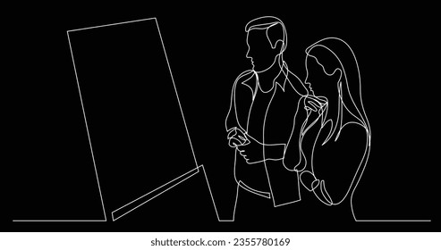 two modern employees thinking watching at whiteboard presentation - one line drawing