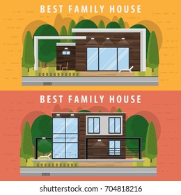 Two modern family houses with a street landscape. Banner with a house of real estate vector illustration of a flat