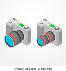 Two modern foto cameras with zoom lens in isometric style