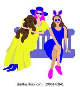 Two modern girls and dog are sitting on a bench. Vector party concept. Bright illustration of two friends having fun. Women in flat style.