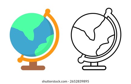 Dois ícones de globo modernos, um colorido e um contorno simples. Ideal para educação global, geografia, viagens e temas ambientais.