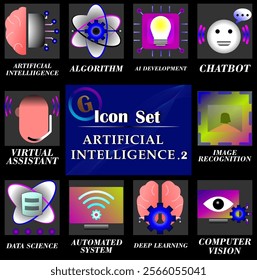 Two modern gradient style Artificial Intelligence icon illustrations, as a complement to the first icon, are ideal for technology projects, digital brands, AI applications, presentations and other mat