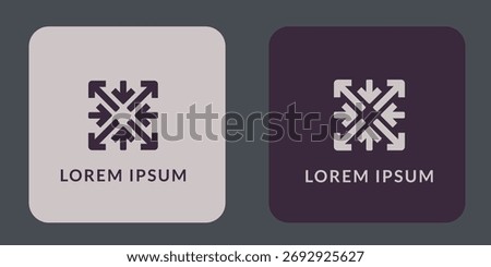 Two modern graphic icons with a central symbol of multiple arrows pointing inwards, set on rounded square backgrounds