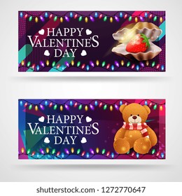 Two modern greeting banners for Valentine's Day with pearl shell and Teddy bear