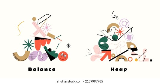 Two modern illustrations, with heaped and balancing figures in the style of brutalism.
