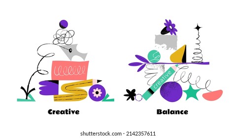 Two modern illustrations, with stacked and balancing figures