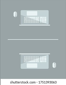 two modern laptops with white mouses opposite to each other splitted with glassy partition-wall, flat design demonstrating social distancing at work
