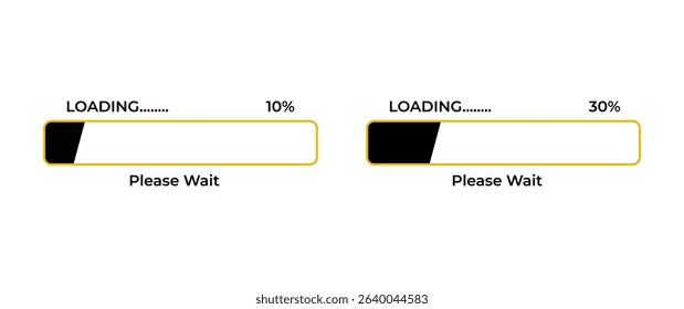 Two modern loading bar icons showing progress at 10% and 30%. Stylish design with black fill and gold border, ideal for web, apps, UI UX design, and interface components.