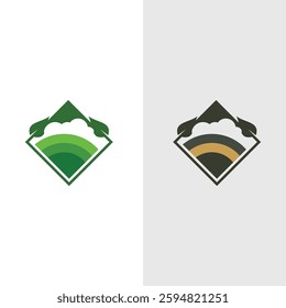 Two modern logos featuring green leaves and abstract landscapes, demonstrating eco-friendly design concepts. One logo features vibrant greens, while the other utilizes earthy tones for contrast.