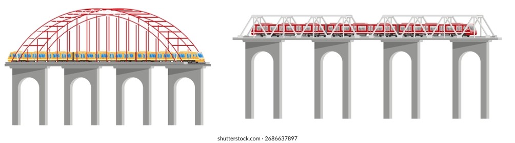 Dos modernos Conjuntos de metro en puentes ferroviarios elevados. Ilustración vectorial de estilo plano del sistema de transporte público para infografía urbana.