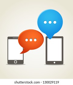 Two modern mobile phone with speech clouds