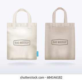 Two modern natural canvas mockup shopping bags realistic templates for sale promotion corporate identity demonstration vector illustration 