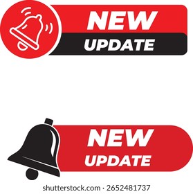 Zwei moderne Benachrichtigungsabzeichen mit einem Glockensymbol und dem Text "NEW UPDATE" in fett weißer Schrift auf rotem und schwarzem Hintergrund. Ideal für Warnungen und Ankündigungen.


