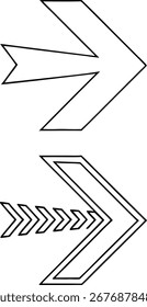 Duas setas de contorno modernas voltadas para a direita em estilo mínimo. Setas vetoriais geométricas para uso de interface, navegação e apresentação. Limpar o design da linha preta no fundo branco, isolado e editável.