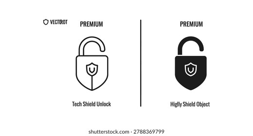 Two modern premium vector icons showing a shield with an open lock and a fully shielded object, ideal for security and protection themes.