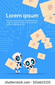 Two Modern Robots Chatter Bots With Email Letters Chatbots Over Circuit Background With Copy Space Flat Vector Illustration