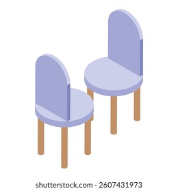 Two modern round back blue chairs with wooden legs standing on white background, isometric view