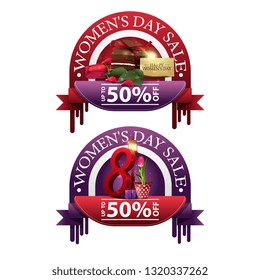 Two modern round discount banners to the women's day with candy, rose and tulip in a bucket under a lantern