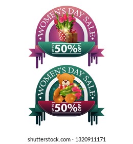 Two modern round discount banners to the women's day with tulips, gift and Teddy bear