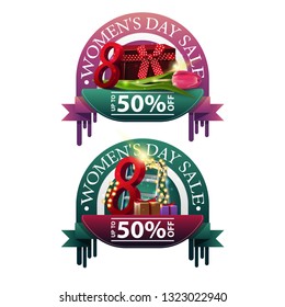 Two modern round discount banners to the women's day with Tulip, gifts and garland