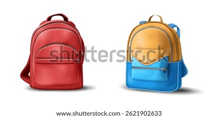 two modern school backpack isolated on the white background.red bag and yellow,blue children cute school bags vector illustration.