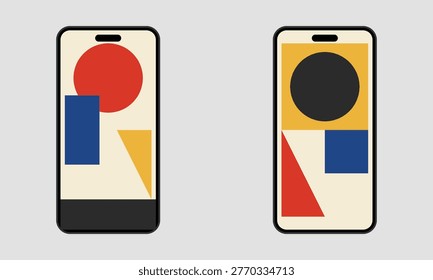 Two modern smartphone devices showcasing vibrant Bauhaus inspired geometric wallpaper designs including circles and rectangles in primary colors on backgrounds.
