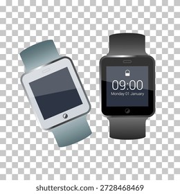 Dois smartwatches modernos, um de cor clara e outro de cor escura, exibindo hora e data em suas telas digitais, representando a tecnologia vestível contemporânea.