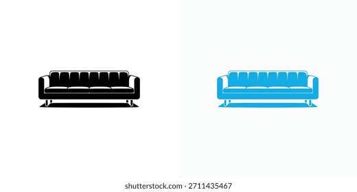 Dos ilustraciones modernas del sofá, uno negro y uno azul, aislados en un fondo blanco. Silueta de asientos elegante y versátil.