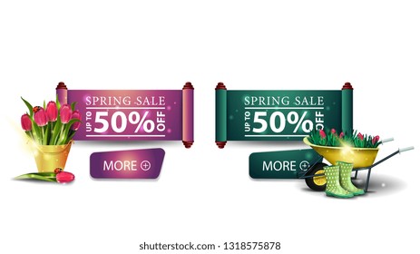 Two modern spring sale banners with bouquet of tulips in a yellow bucket and garden wheelbarrow with tulips