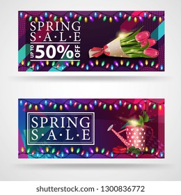Two modern spring sales banners with bouquet of tulips and rose in the watering can