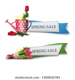 Two modern spring sales banners with bouquet of tulips and rose in the watering can